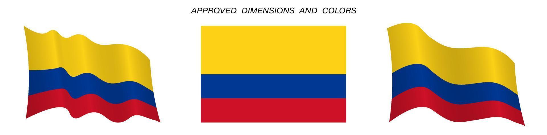 Colombia flag in static position and in motion, developing in the wind in exact colors and sizes, on a white background vector