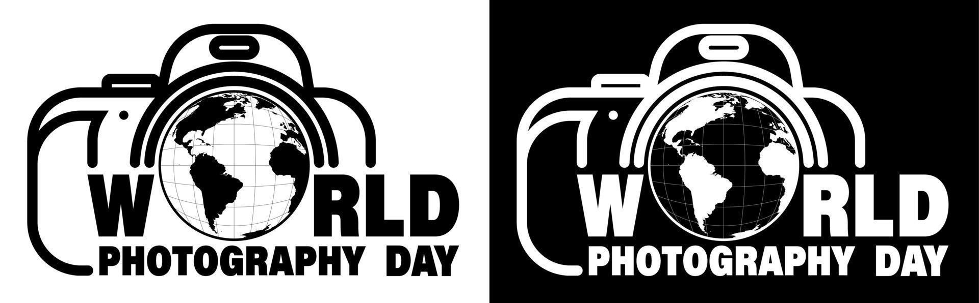 World Photography Day August 19th. Globe in the camera lens. Logo for printing on clothes and banners. Black and white vector