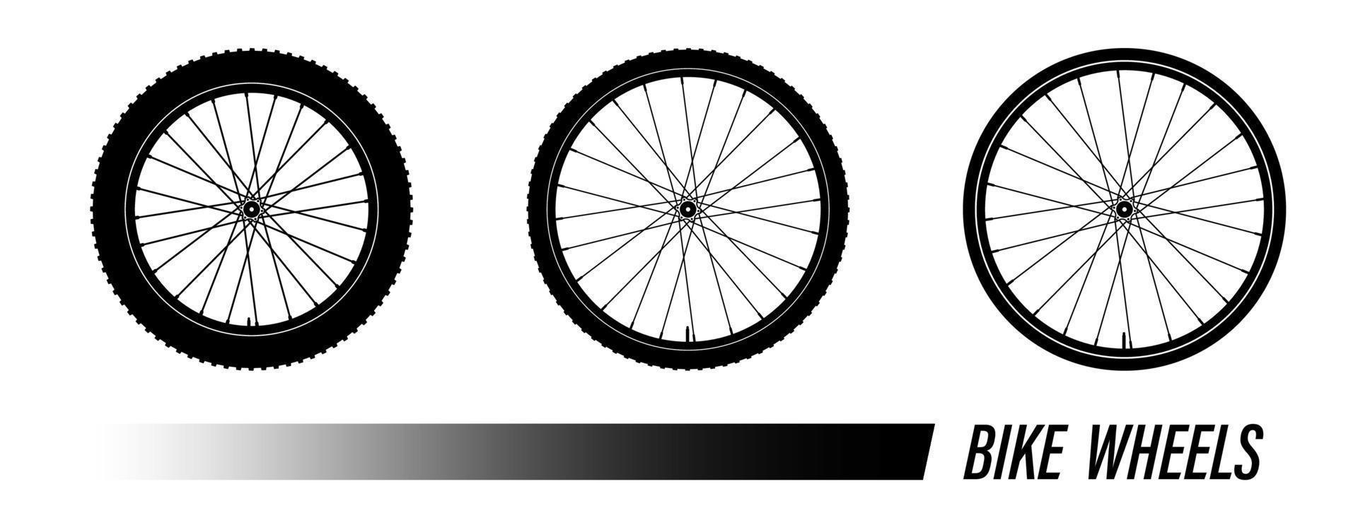 bicycle wheel symbol with different tread. Bike rubber mountain tyre, valve. Active kinds of extreme sports. Black and white vector