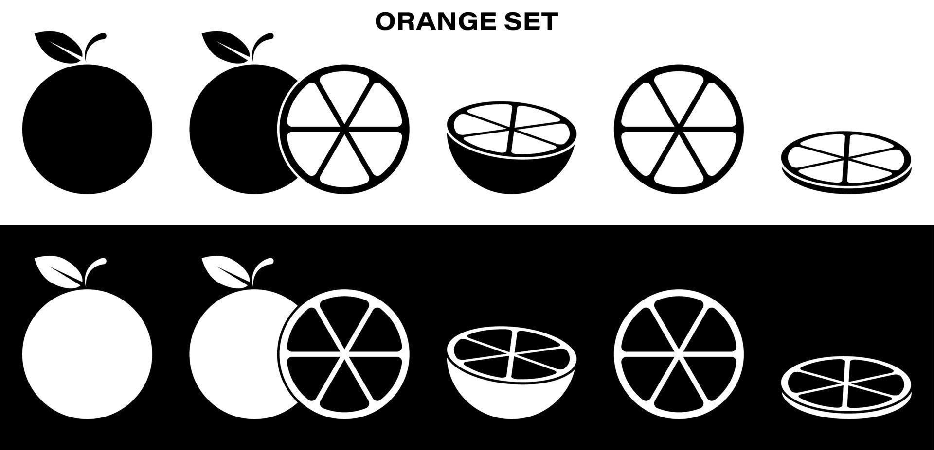 fulll set of orange, grapefruit, mandarin icons. Whole, cut, slice and ringlet. Part of menu design. Black and white vector