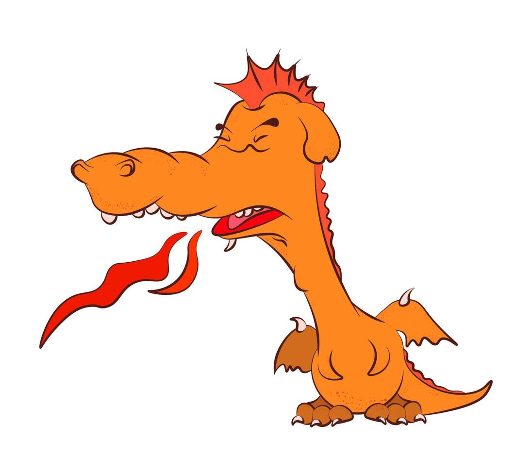 cute young dragon teenager in a bad mood releases flames from his mouth. Coloring book for children. Vector on a white background