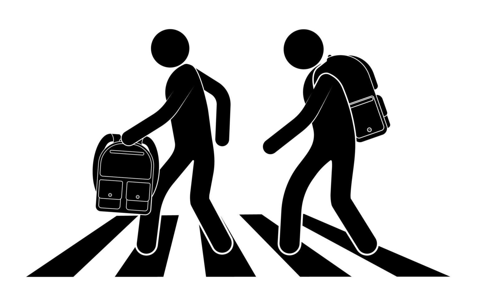 schoolchildren with backpacks cross the pedestrian crossing, street zebra. September 1 is beginning of the school year. Traffic safety on roads. Black and white vector