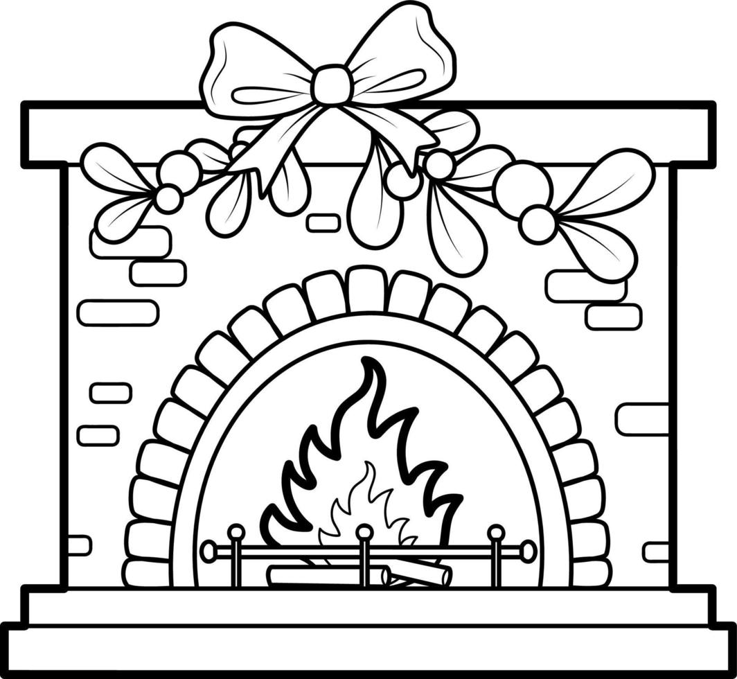 Christmas coloring book or page for kids. Fireplace black and white vector illustration