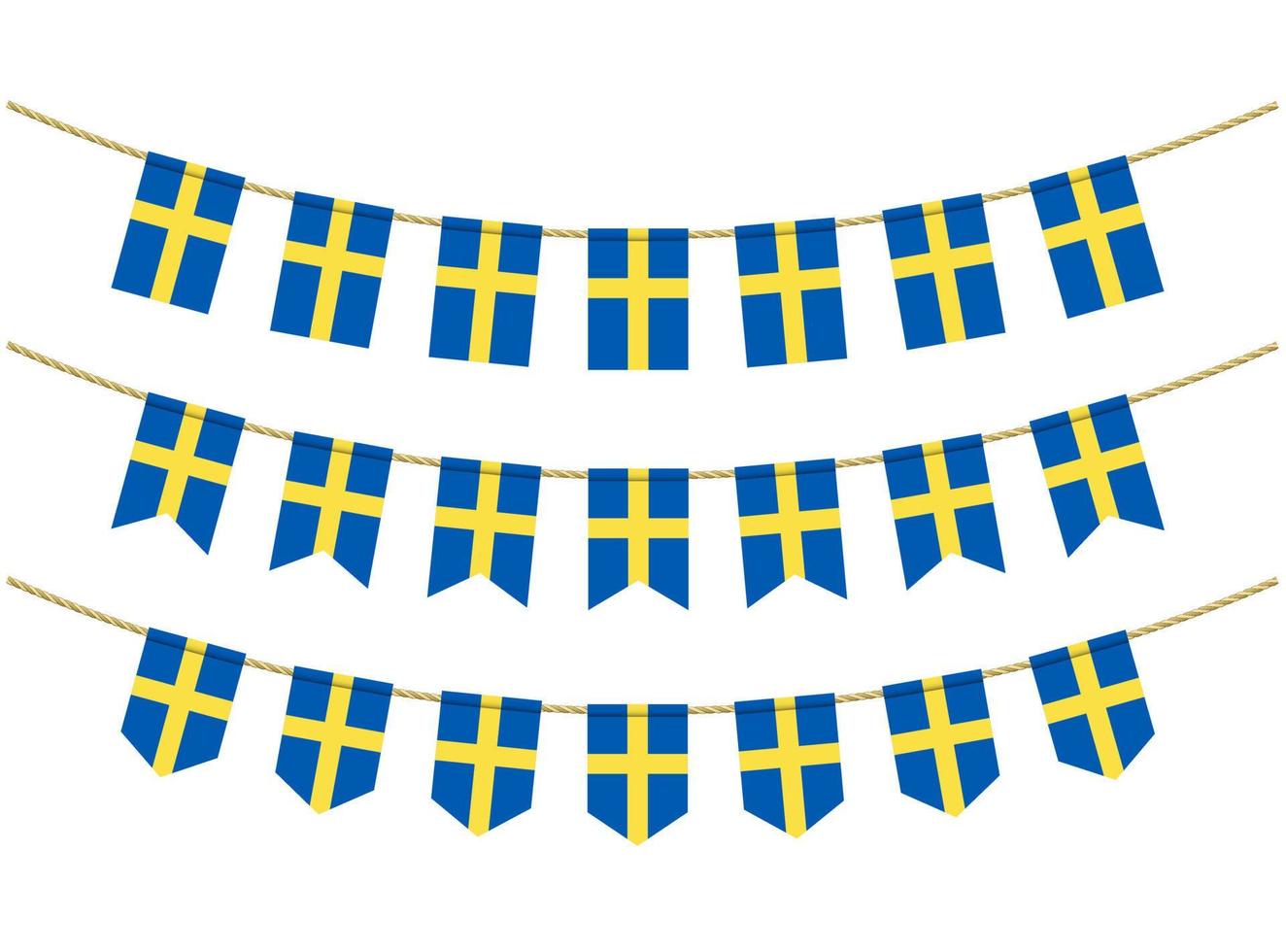 Sweden flag on the ropes on white background. Set of Patriotic bunting flags. Bunting decoration of Sweden flag vector