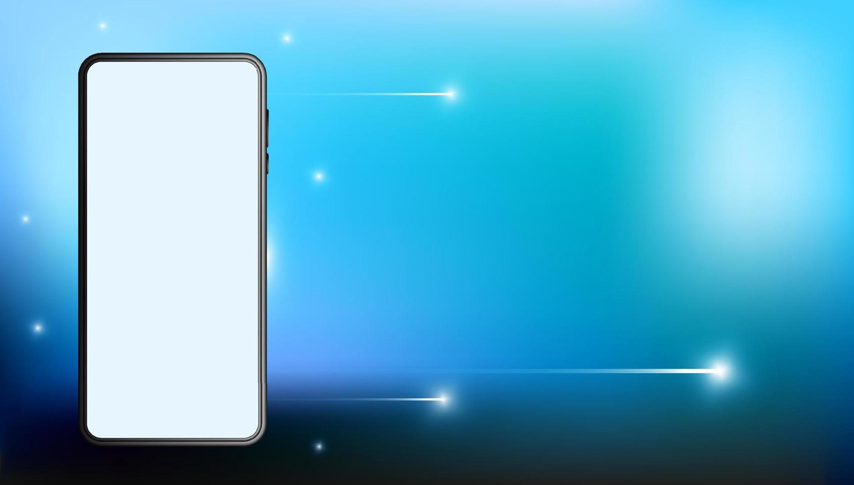 Realistic smartphone mockup with blank screen on blue with bright flashes. Template for infographic or presentation ui interface design. Bright dynamic design. Vector