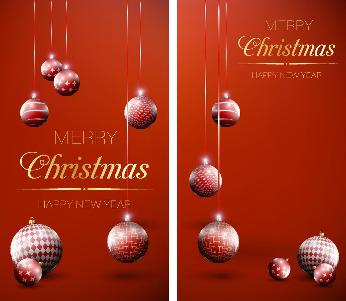 Christmas decorations, glass balls. Christmas, New Year greeting cards design, holiday banner. Decorations, shiny glass balls on red background. Realistic vector