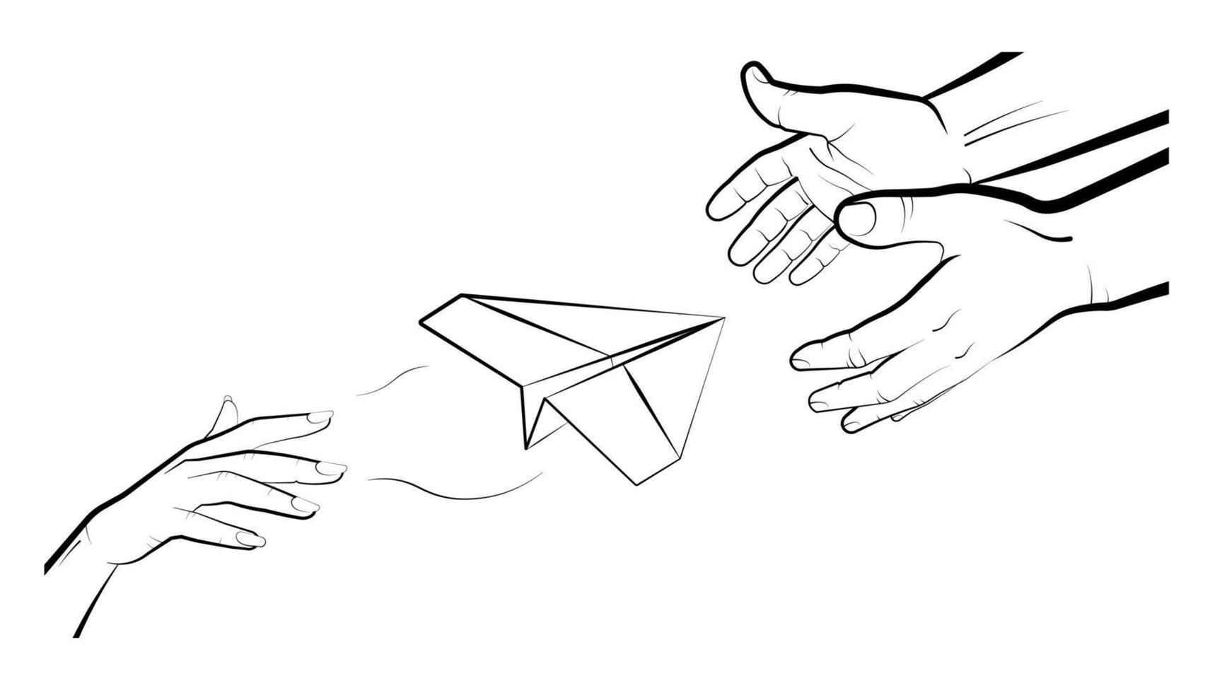 female hand throws a paper airplane into the hands of a man. Sends a message by mail. International Civil Aviation Day. Vector on white background