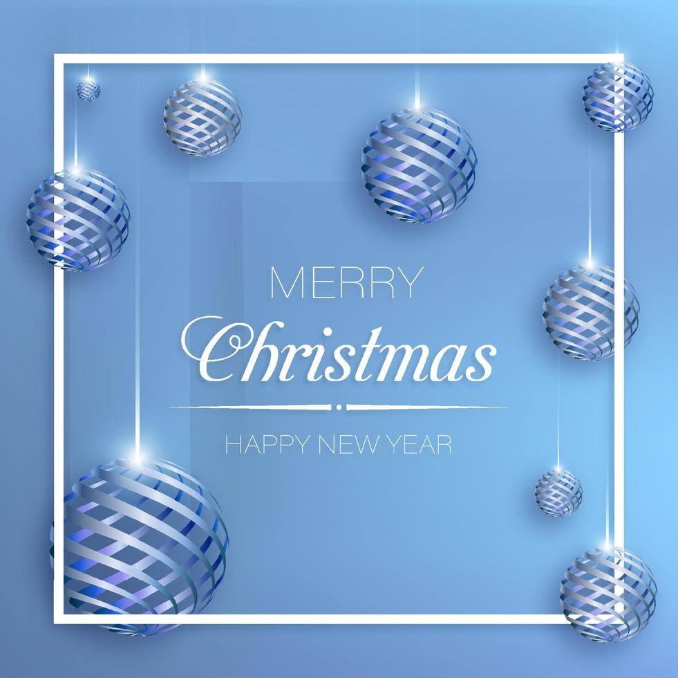 Square flyer with Christmas balls. Festive background for greeting card, New Year web baner. Bright volumetric vector