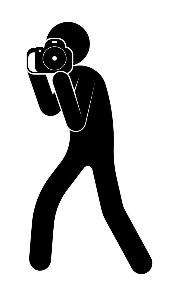 stick figure, man takes photo with a camera. World Photography Day August 19th. Vector on a white background