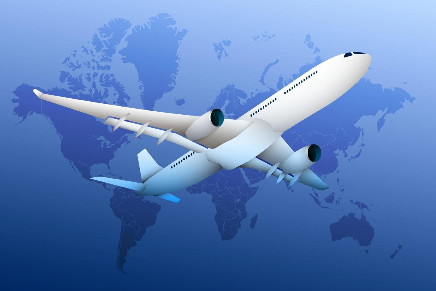 plane, realistic airliner on the background of continents and continents of globe. Travel and international flights. Tourism. Color vector