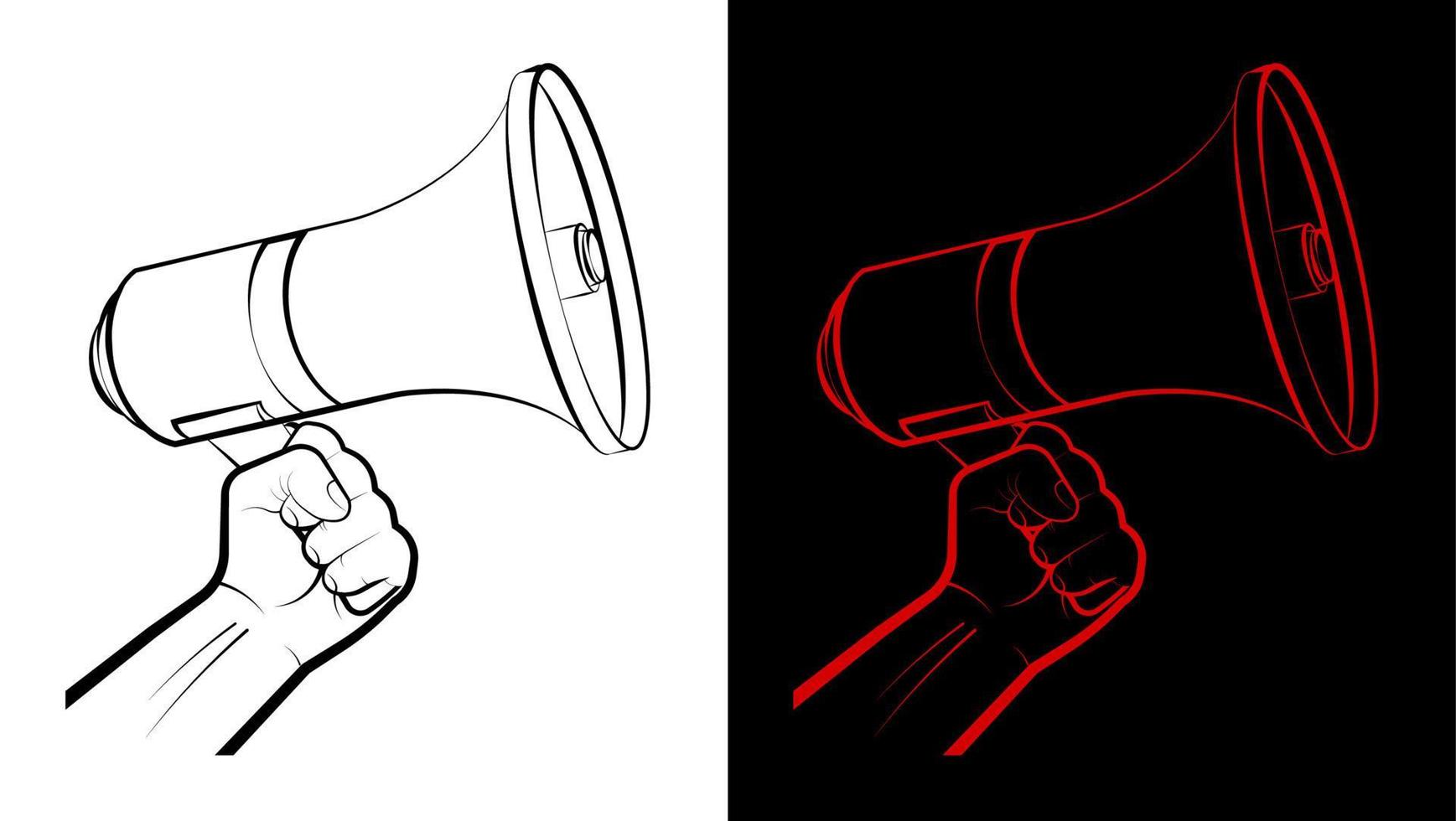 Man hand holds a megaphone, loudspeaker of a cinema director. Speeches of the speaker at rallies, strikes and meetings. Minimalistic vector