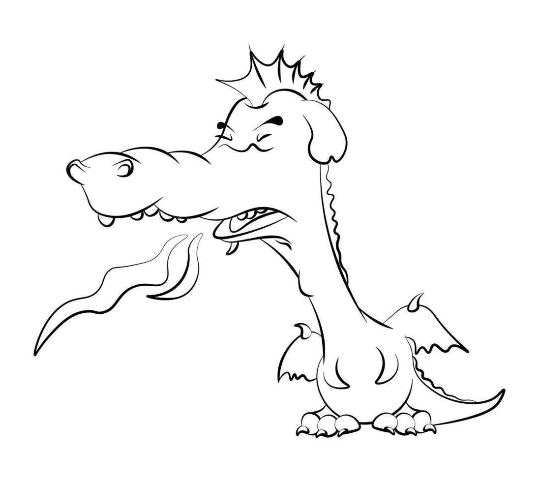 cute young dragon teenager in a bad mood releases flames from his mouth. Coloring book for children. Vector on a white background