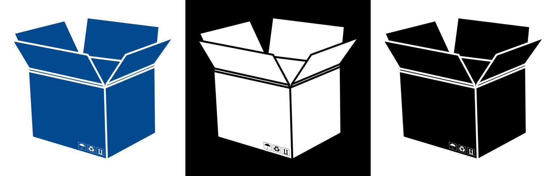 empty open cardboard box with storage conditions signs. Delivery and transportation of goods from shops. Icon for the website. Black and white vector