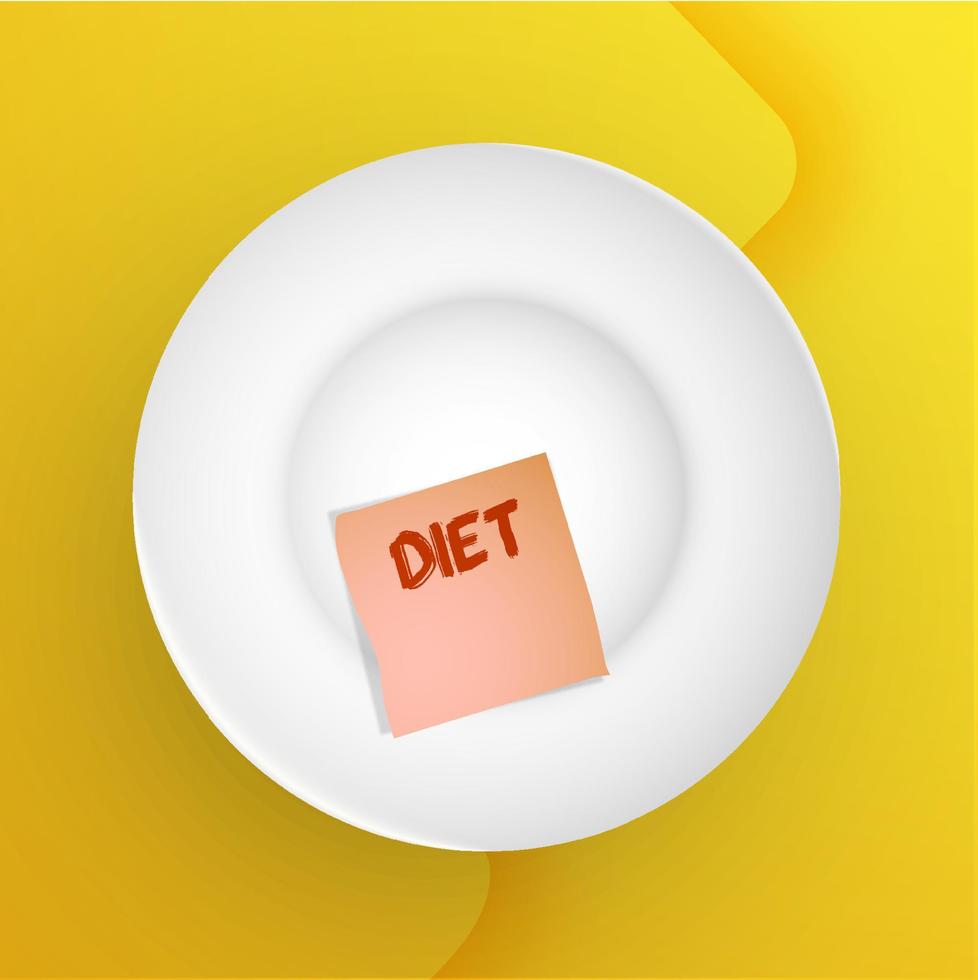 empty white realistic plate with sticker. Inscription DIET. Healthy lifestyle and restriction of food. Conceptual yellow banner. Vector