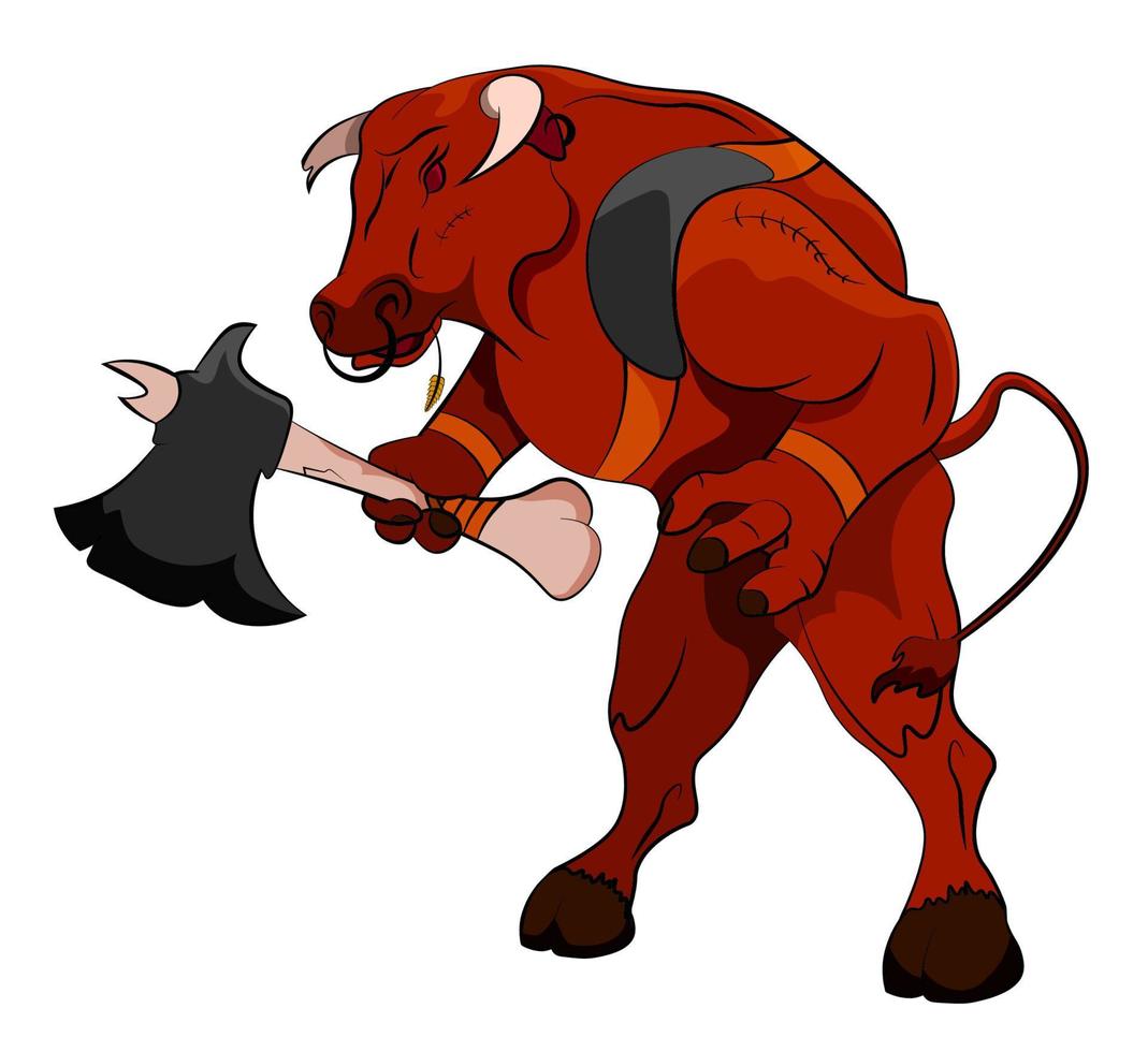 minotaur bull has prepared for battle and is holding a huge ax. Legendary monsters. Mythology of ancient Greece. Color illustration on white background vector