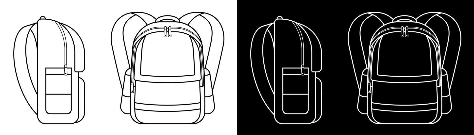 icono de mochila escolar. vistas laterales y frontales. 1 de septiembre, inicio del año escolar en la escuela. vector de accesorios de estudiante sobre fondo blanco