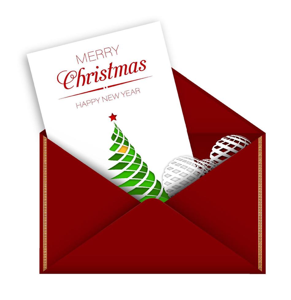greeting card in red envelope for christmas and new year. Delivery of holiday mail by santa claus. Merry christmas and new year 2021. Realistic vector on white background