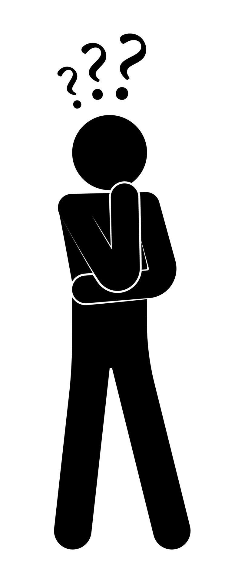 stick figure, man stands in thought, confusion. Making difficult decisions, answering questions
