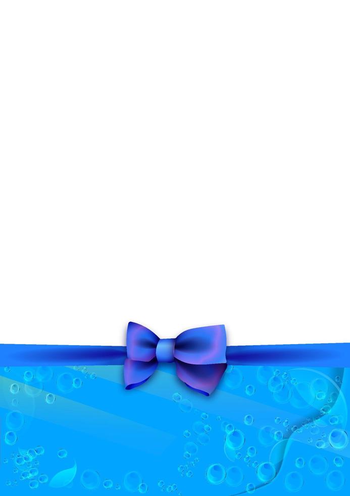 template, festive background with blue silk bow and ribbons in nautical style with water elements. Gift layout for a postcard. Vector
