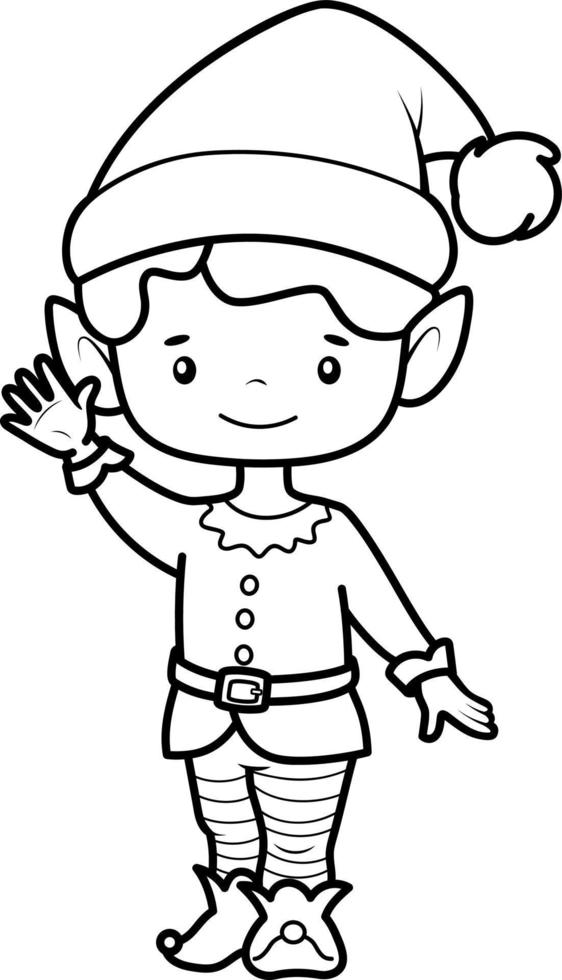 Christmas coloring book or page for kids. Christmas elf black and white vector illustration