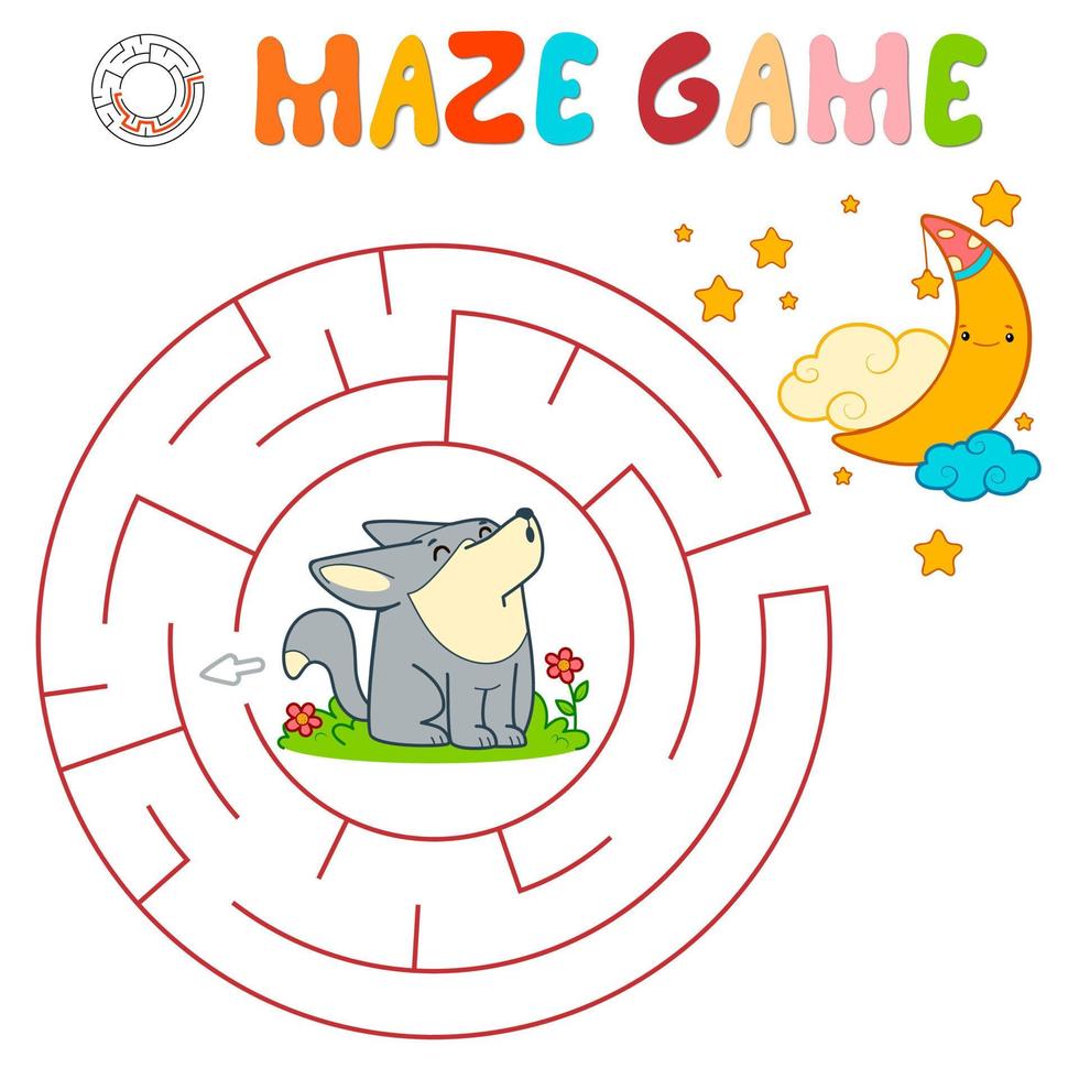 Maze puzzle game for children. Circle maze or labyrinth game with wolf. vector