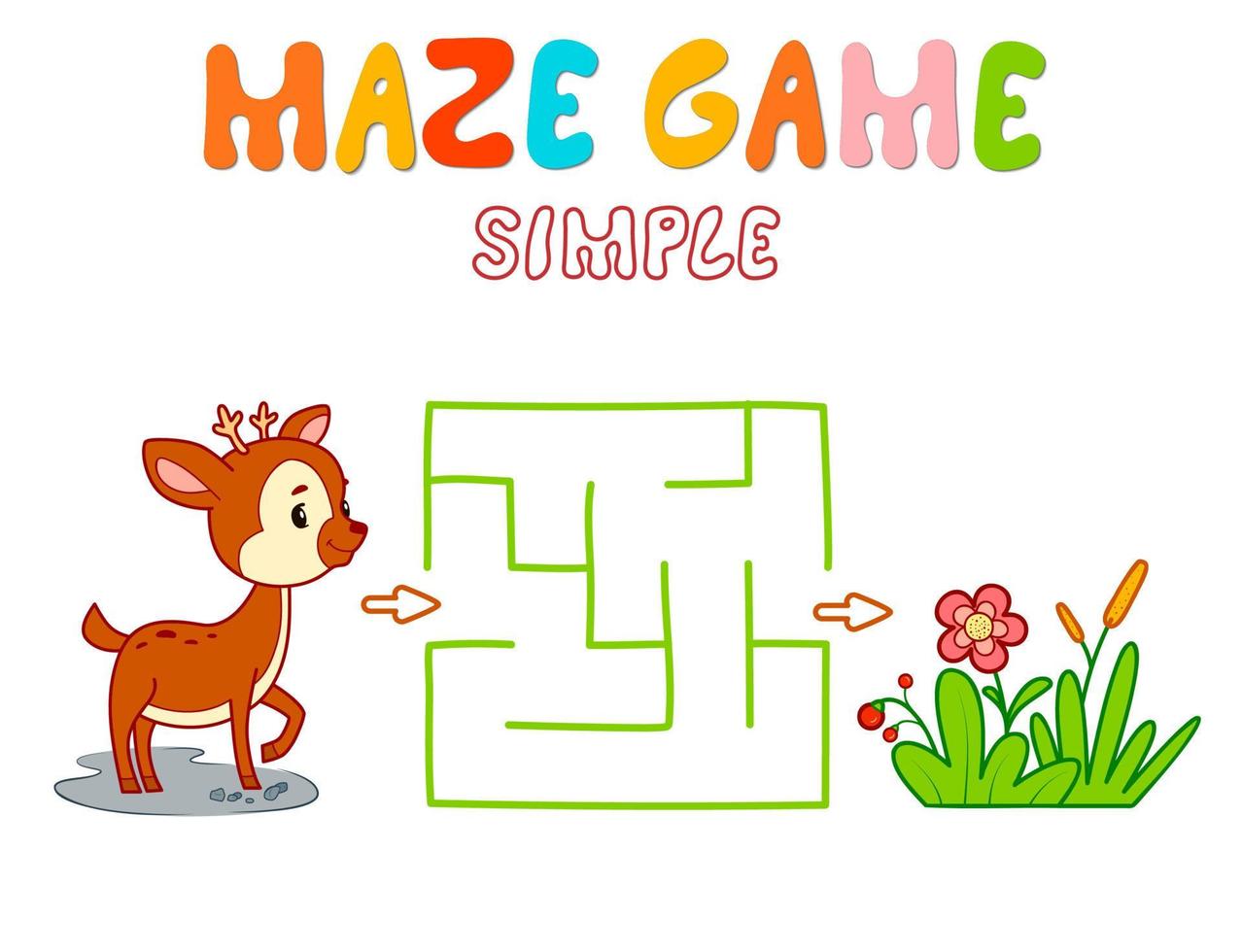 Simple Maze puzzle game for children. Color simple maze or labyrinth game with deer. vector