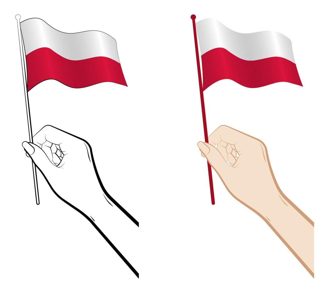Female hand gently holds the small flag of Poland with her fingers. Holiday design element. Vector on a white background