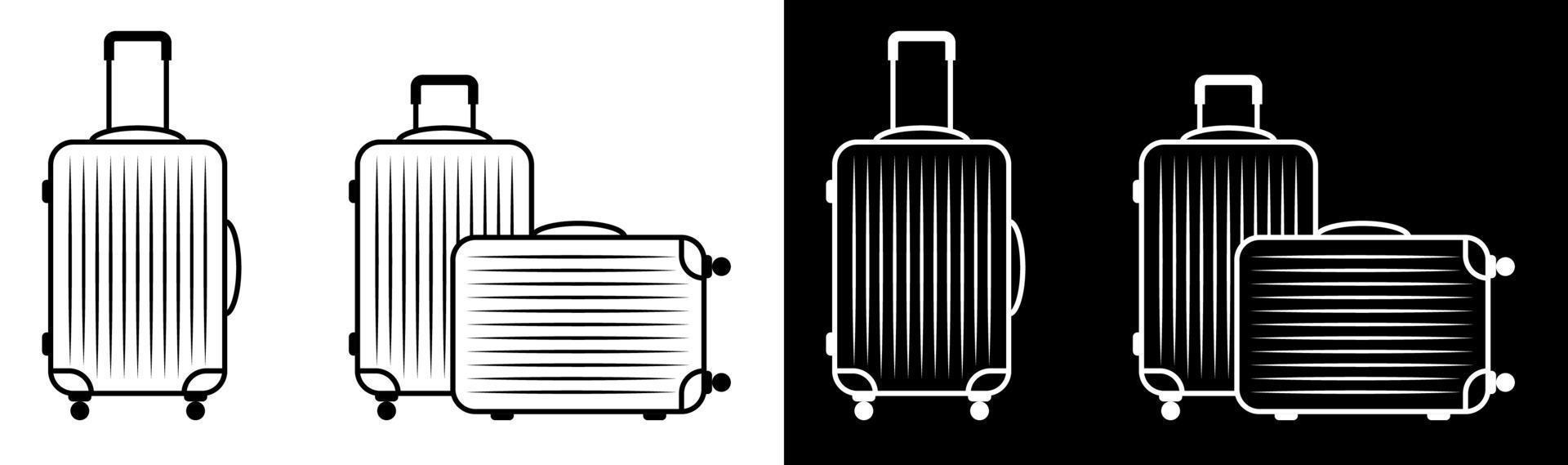 Icon set. Travel bag. Suitcase for luggage on wheels. Transportation of things in transport while on vacation. Black and white vector