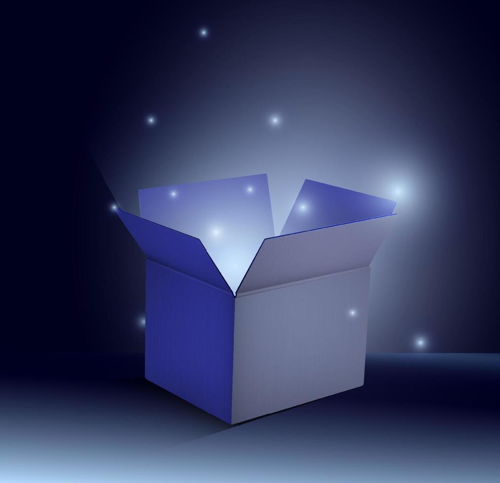 Magic glowing cardboard box with bright light inside. Opened gift container. Festive vector