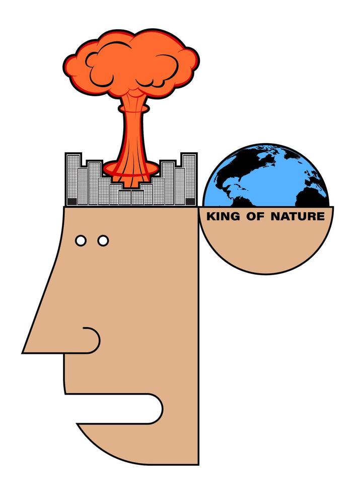 concept, environmental disaster. Environmental pollution. An explosion occurred in the head of a mad man, and his head was blown away. Imbalance on the planet. Vector