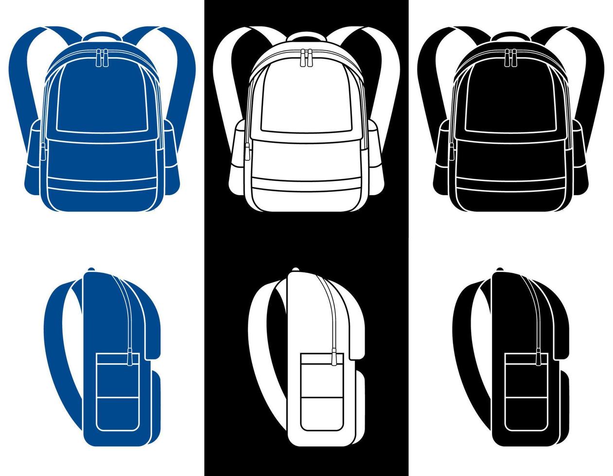 iconos planos del bolso de escuela. vista lateral y frontal. 1 de septiembre, inicio del año escolar en la escuela. vector de accesorios de estudiante sobre fondo blanco