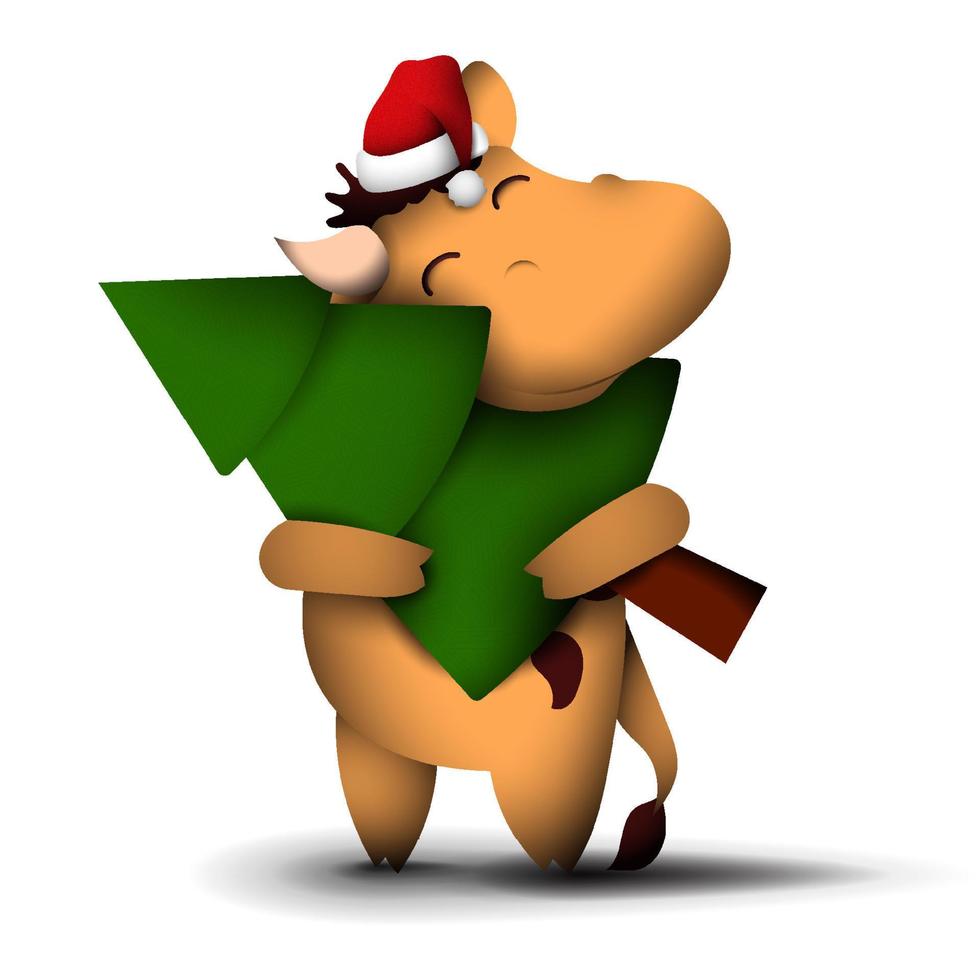 happy little bull, symbol of 2021 to Chinese calendar, stands with with a Christmas tree in hands and satisfied smile on face. New Year in good mood. Funny animals. Vector