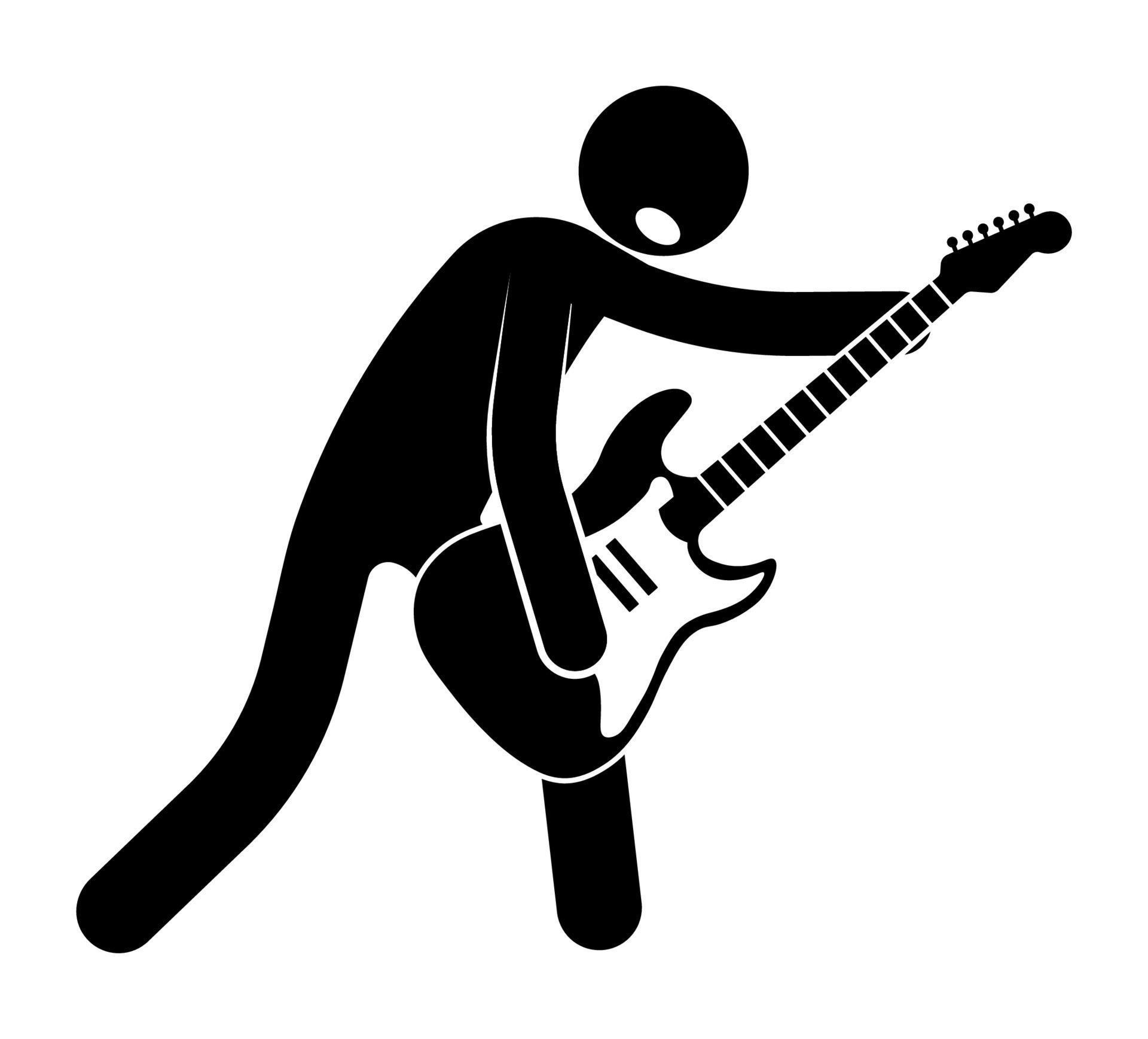 stick figure, musician plays rock music on guitar. Concerts, festivals