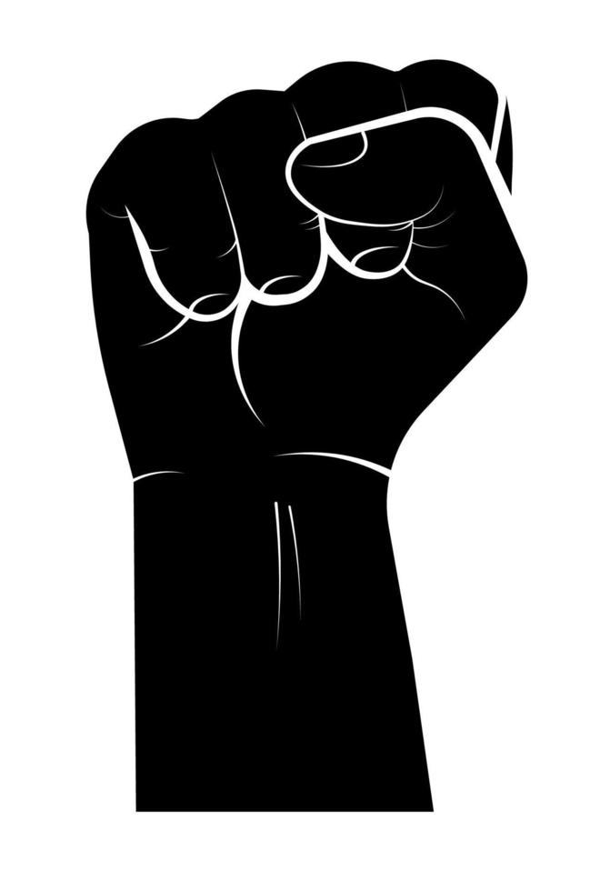 Black hand clenched into a fist. Symbol of strength, the protest movement, the struggle for rights and freedoms. Black and white minimalistic vector