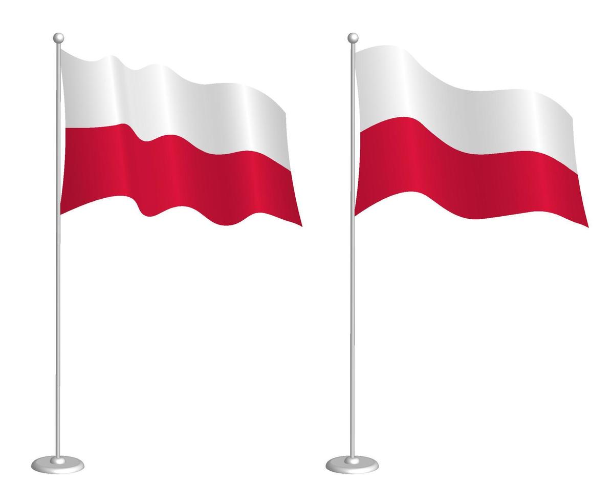 Flag of Poland on flagpole waving in the wind. Holiday design element. Checkpoint for map symbols. Isolated vector on white background
