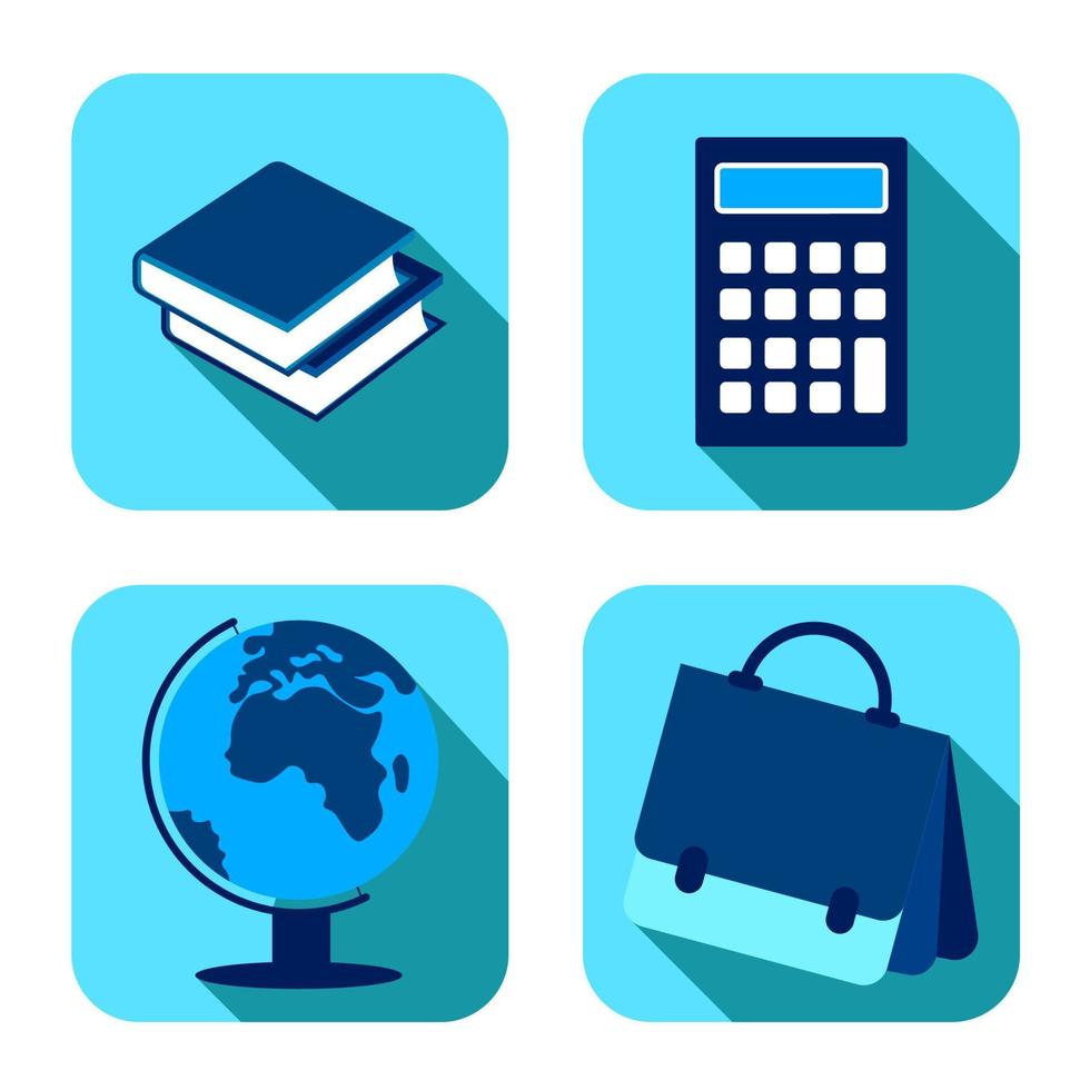 School items. Backpack, globe, calculator, books. September 1, beginning of school year. Set of square vector icons on white background