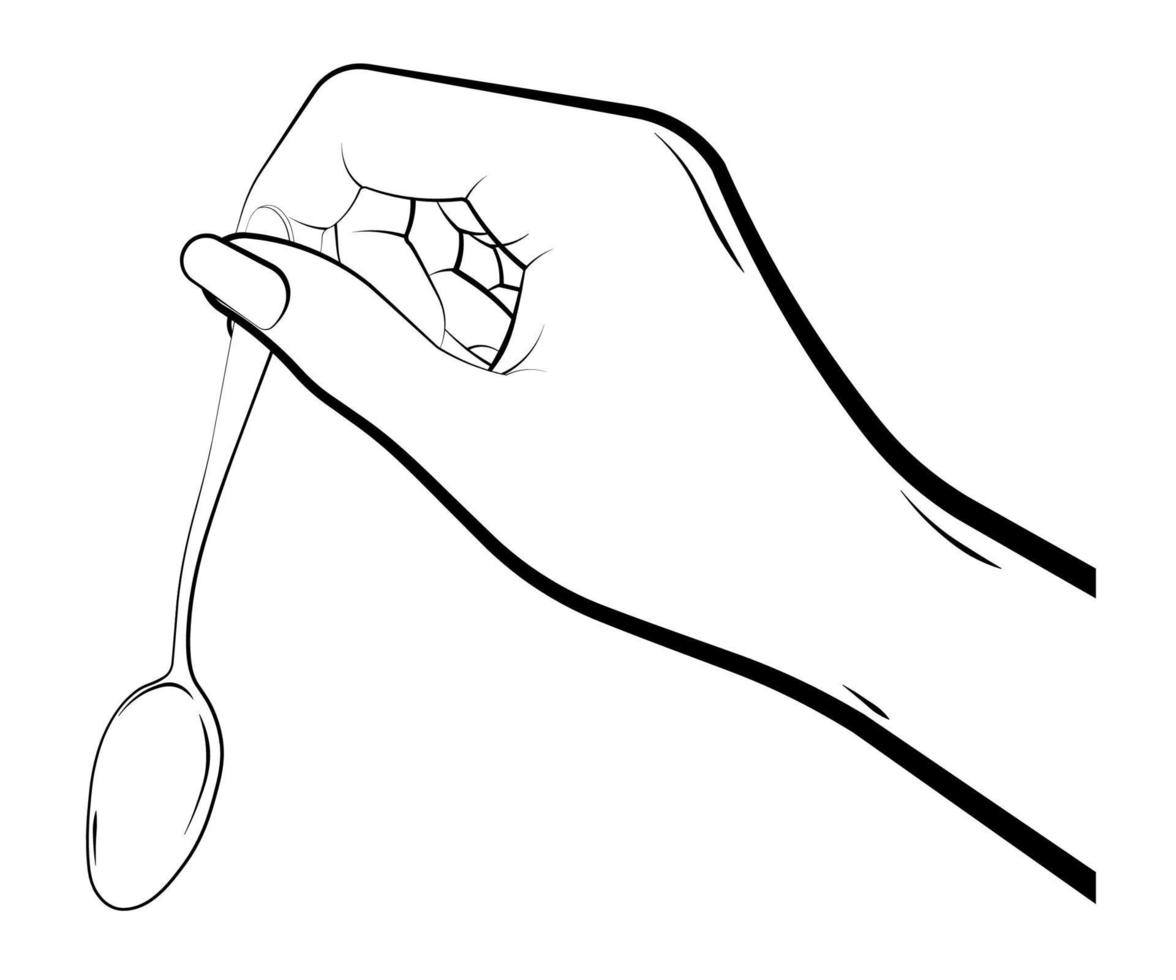female hand holds a small spoon. Realistic gestures, cooking and drinks. Isolated vector on white background