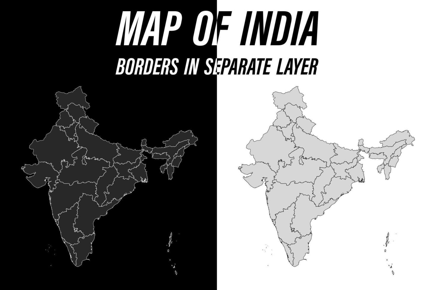 mapa detallado de india con bordes. vectores en blanco y negro