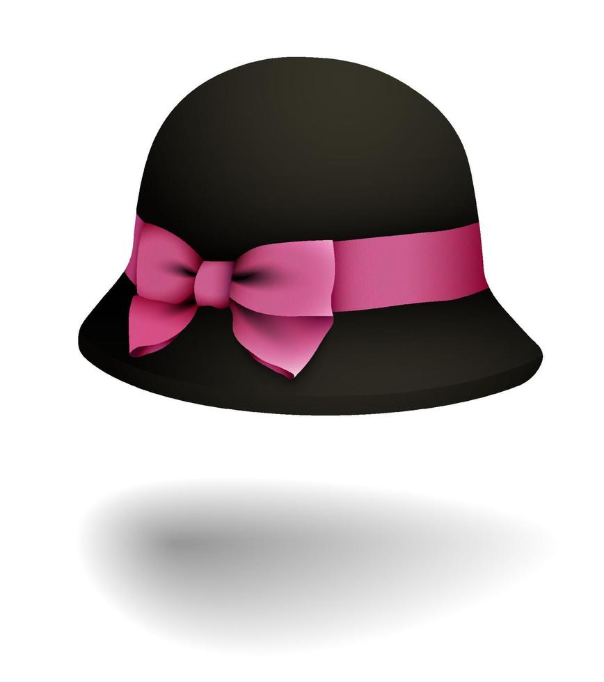 graceful lady bowler hat with round brim and bright pink silk bow. Autumn and spring women clothing. Realistic vector on white background