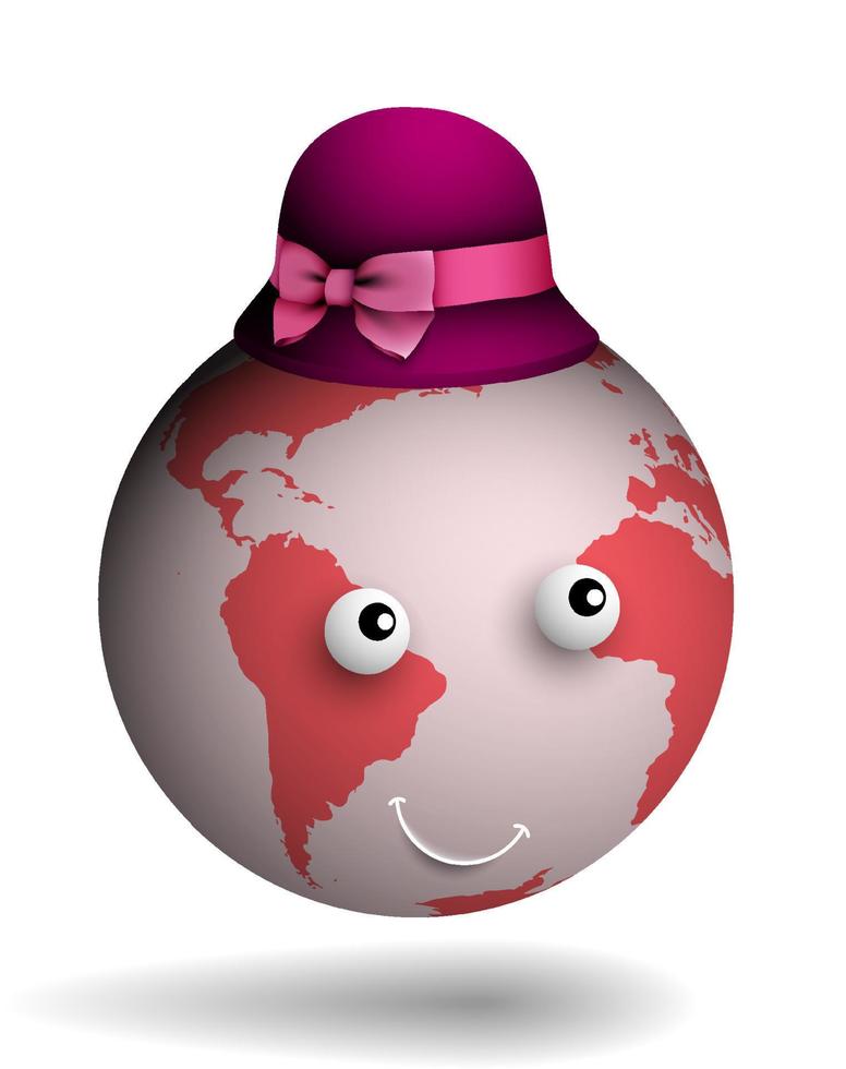 kind happy planet earth in a bright lady hat with pink bow. Good mood. Time to rest and travel. Caring for the ecology of the planet. Realistic vector