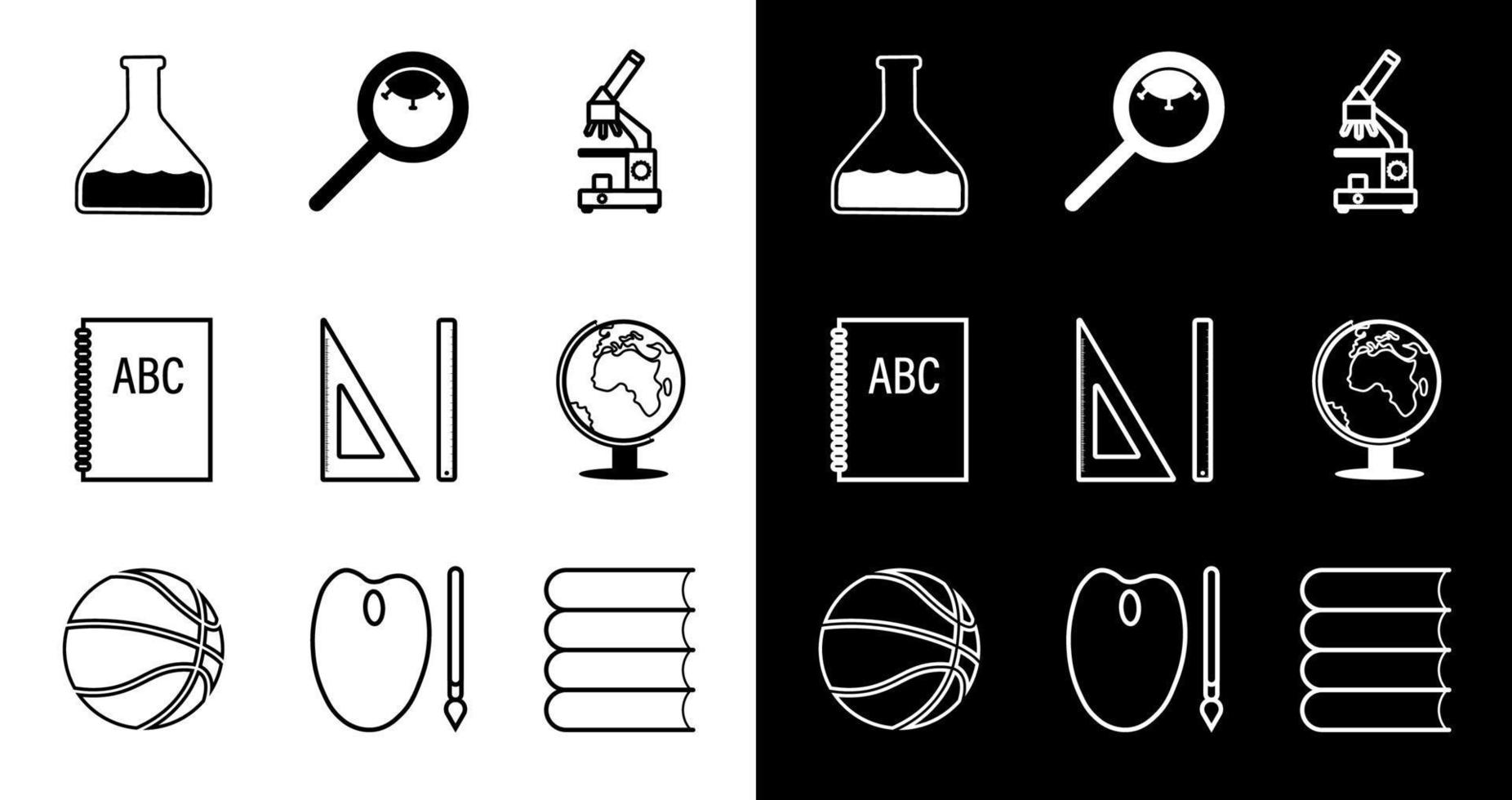 set of icons. Back to school September 1st. School items. Microscope, globe, test tube, magnifier with virus, textbooks, basketball. Black and white vector