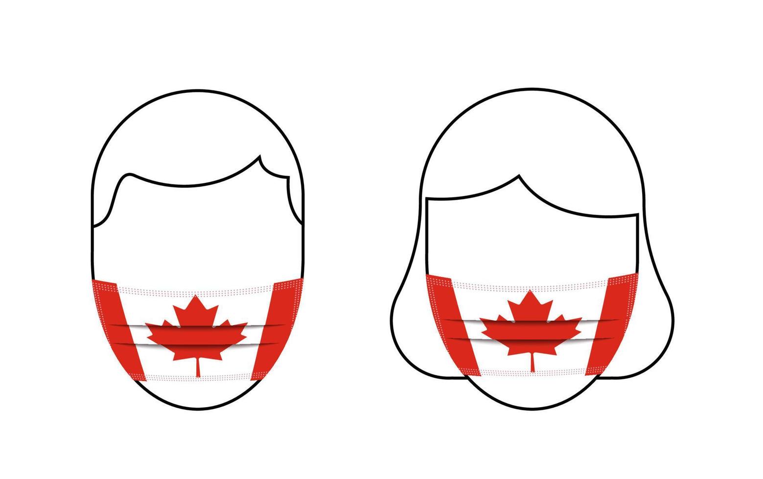 silueta de hombre y mujer con máscaras médicas al estilo de la bandera canadiense. prevención de la propagación de la enfermedad. iconos sobre un fondo blanco vector