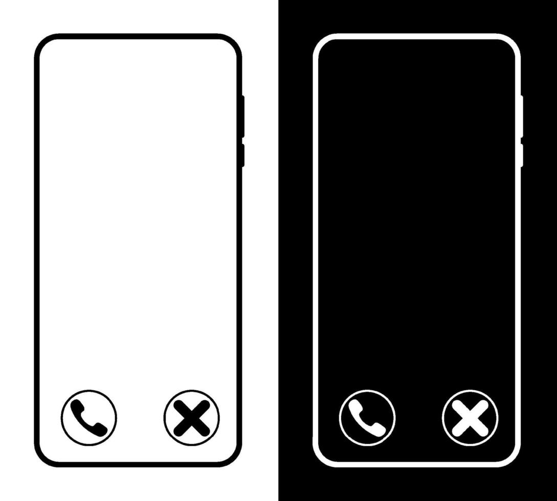 smartphone icon with buttons to accept and reject an incoming call. Black and white vector