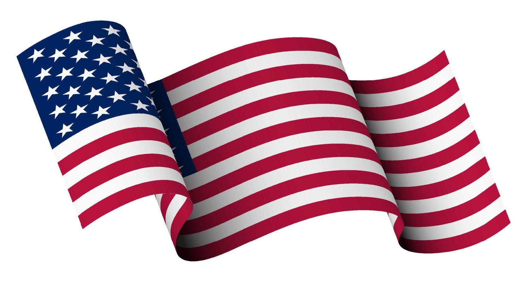 bandera americana en movimiento, ondeando en el viento sobre fondo transparente. estrella principal y símbolo rayado de américa vector