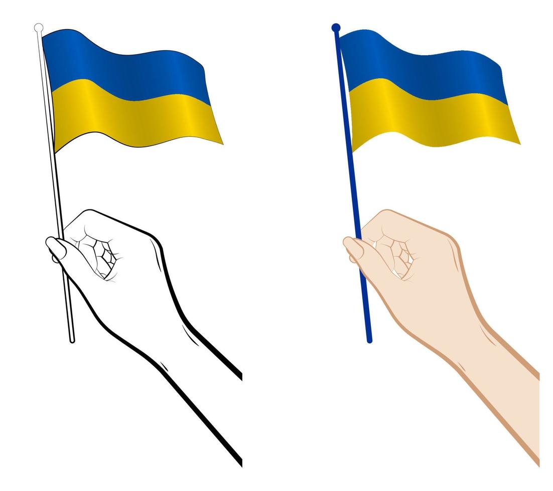 Female hand gently holds the small flag of Ukraine with her fingers. Holiday design element. Vector on a white background