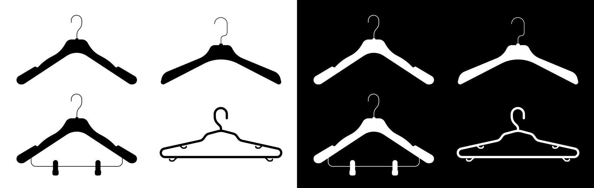 Icons, set of hangers, shoulders for clothes. Wardrobe storage. Gentle care of things. Black and white vector