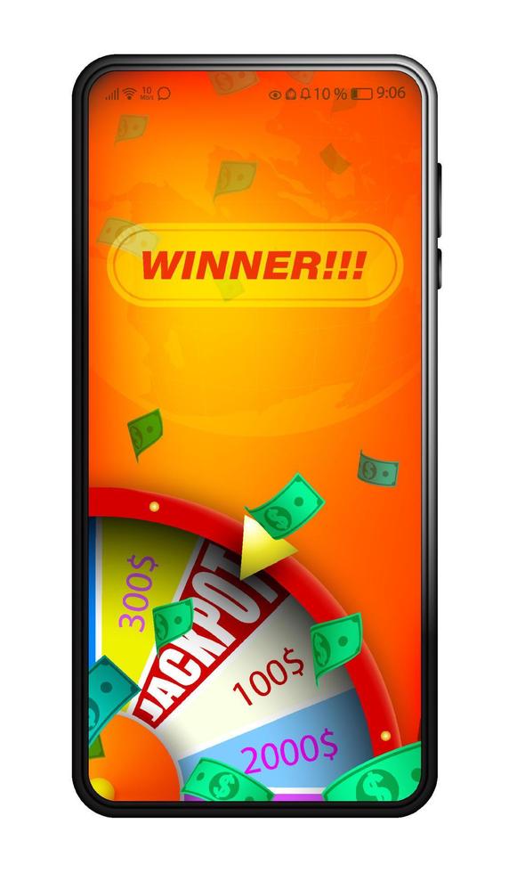 Online casino in realistic smartphone. Roulette game, wheel of fortune. Sports betting. Online game winner, jackpot. Element for web banner or design concept. Vector