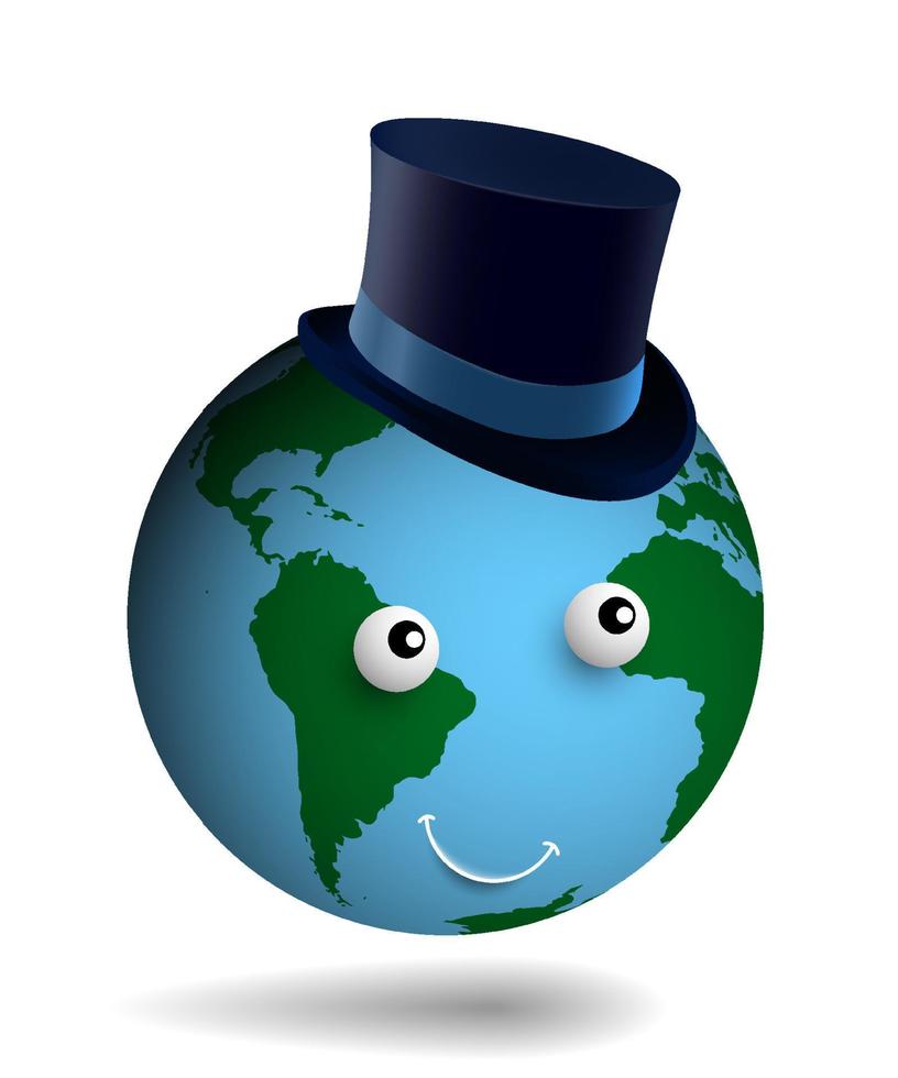 kind happy planet earth in a blue high top hat. Good mood. Time to rest and travel. Caring for the ecology of the planet. Realistic vector