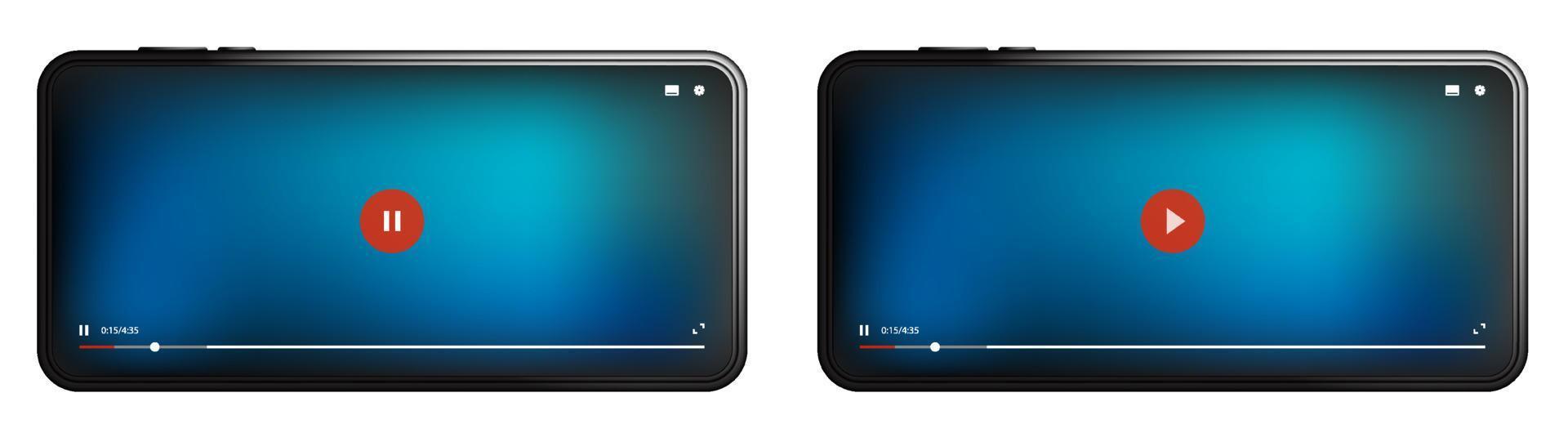 realistic mockup of a smartphone with a mobile video player on the screen. Play video on portable devices, pause. Easy editable detailed vector isolated on white background