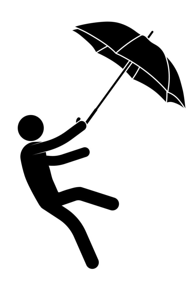 stick man, person with an umbrella is carried by a strong wind, he cannot stay on his feet. Health protection in bad rainy weather. Vector on white background